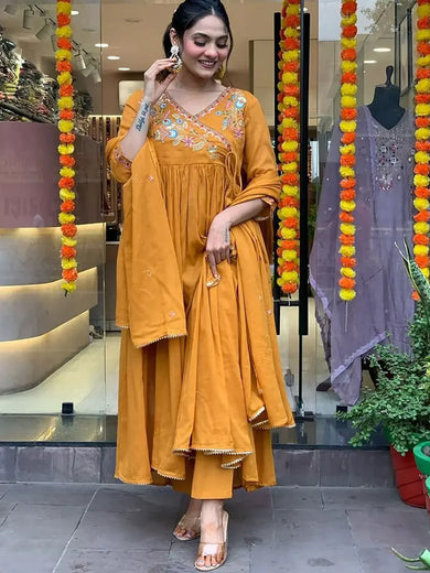 Awesome Mustard Yellow Embroidered Viscose Pant Suit With Dupatta